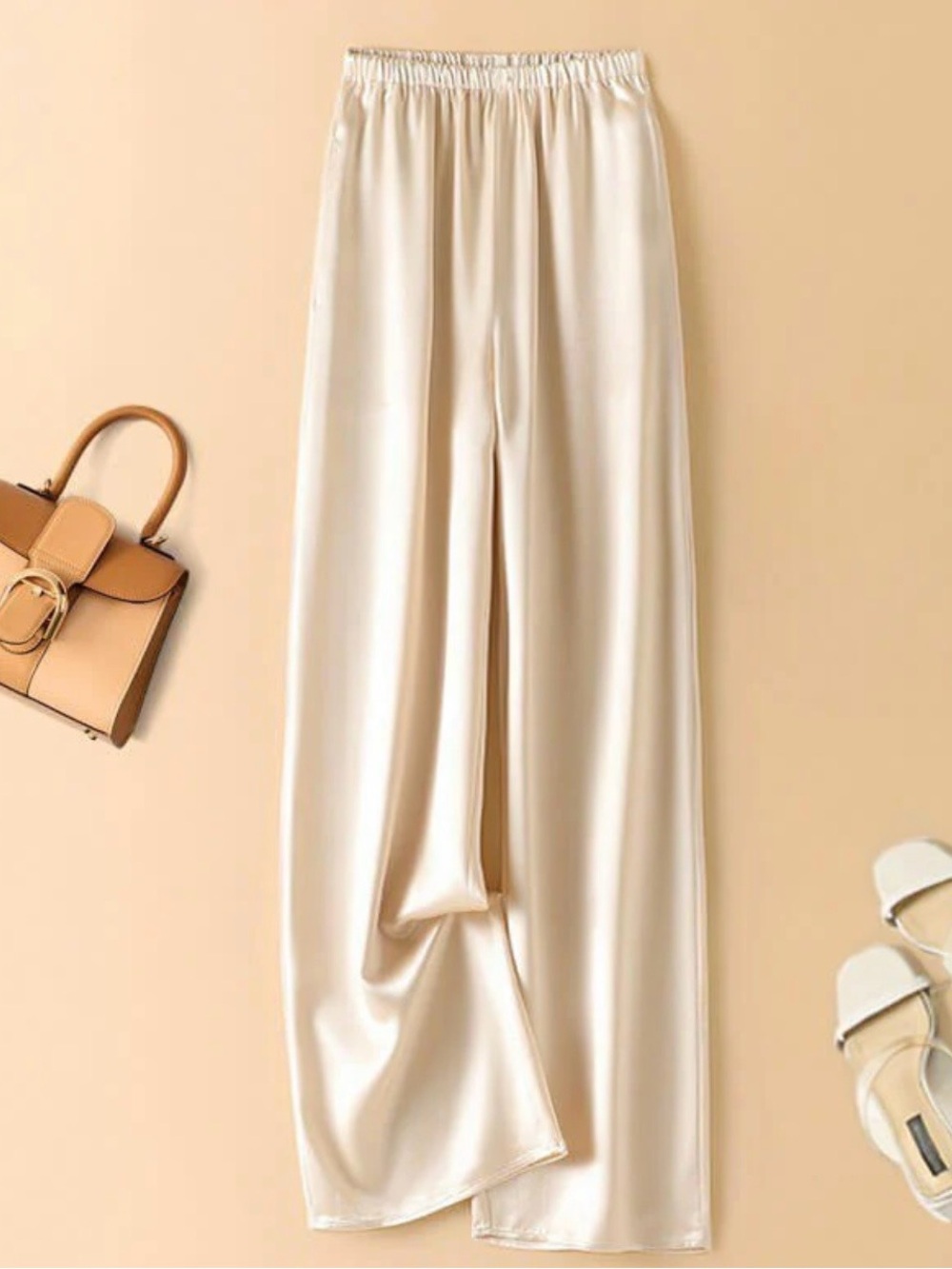 NWT Dress Forum Elastic waist “satin” Wide leg Champagne flowy pants size M